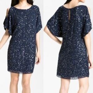 NV Couture Dark Blue Sequin Cold Shoulder Cocktail Dress